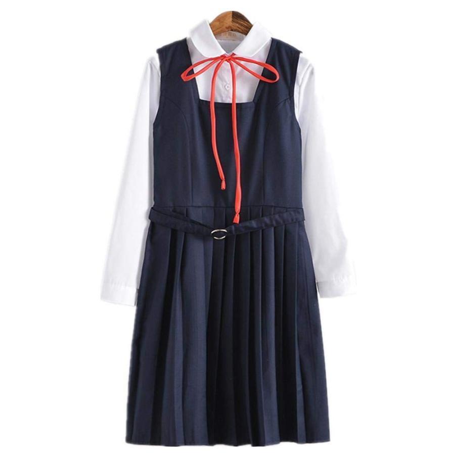 ジャンパースカート 学生 セーラー服 ワンピース ベルト 長袖 制服 高校生 3点セット シャツ ワンピース リボン 普段着 コスプレ コスチューム レディース