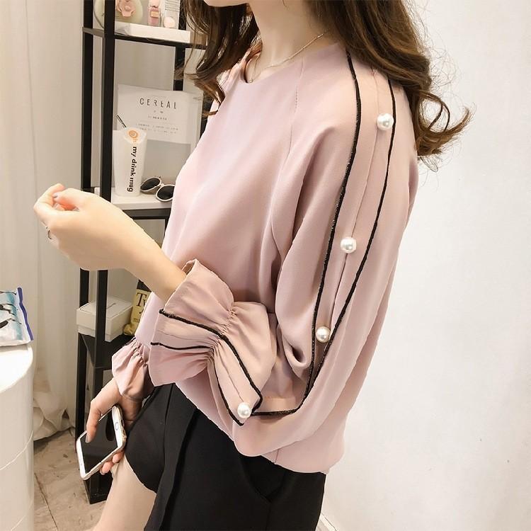 ブラウス トップス レディース 婦人用 女性用 ビーズ ビーズつき 可愛い かわいい 長袖 ピンク ホワイト シフォン プルオーバー ラウンドネック