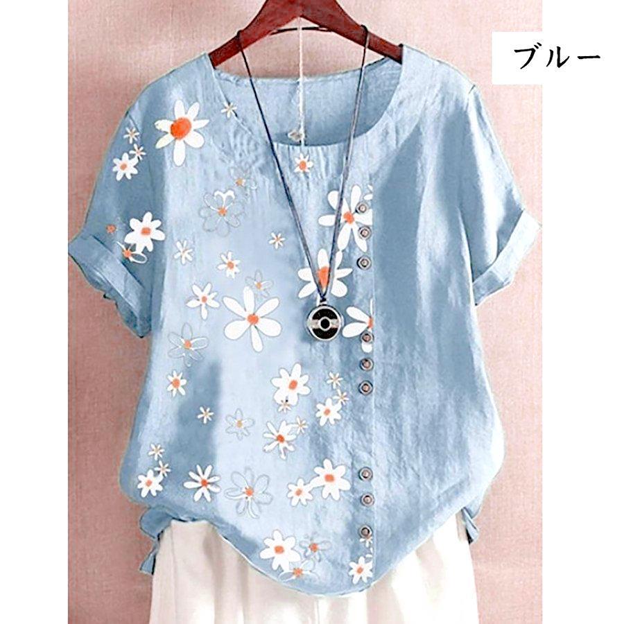レディース ブラウス Tシャツ チュニック 春夏 半袖 花柄 プリント 可愛い ボートカラー 丸首 涼しい 清楚 綿 コットン 着心地 ゆったり 大きいサイズ