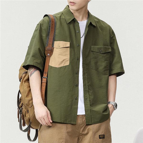 半袖シャツ メンズ ボタンダウンシャツ ミリタリーシャツ ポケット 配色切替え かっこいい 半袖 夏服 アウトドア お兄系 おしゃれ ゆったり
